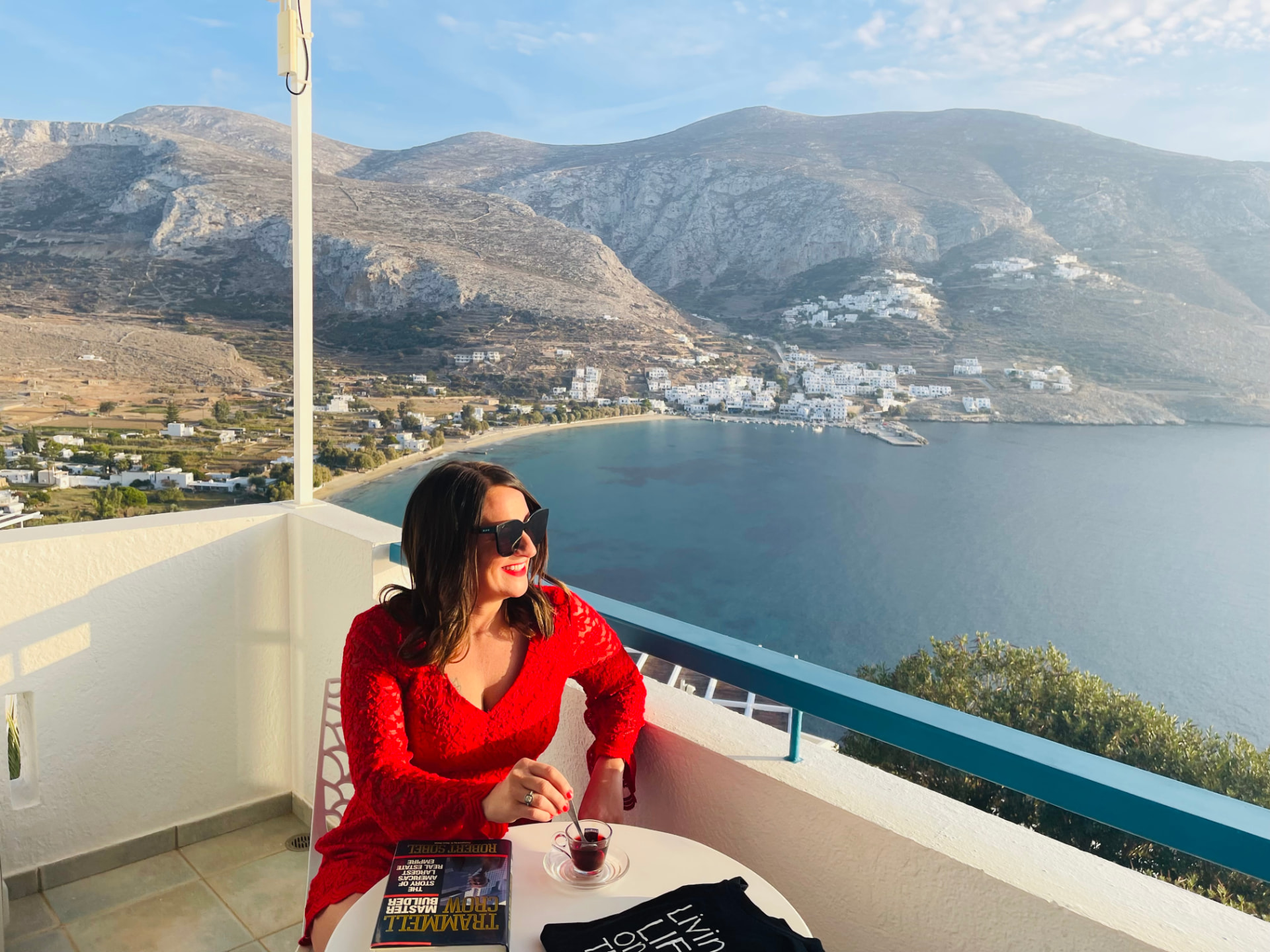 Tara Allen overlooking the sea in Greece at an event